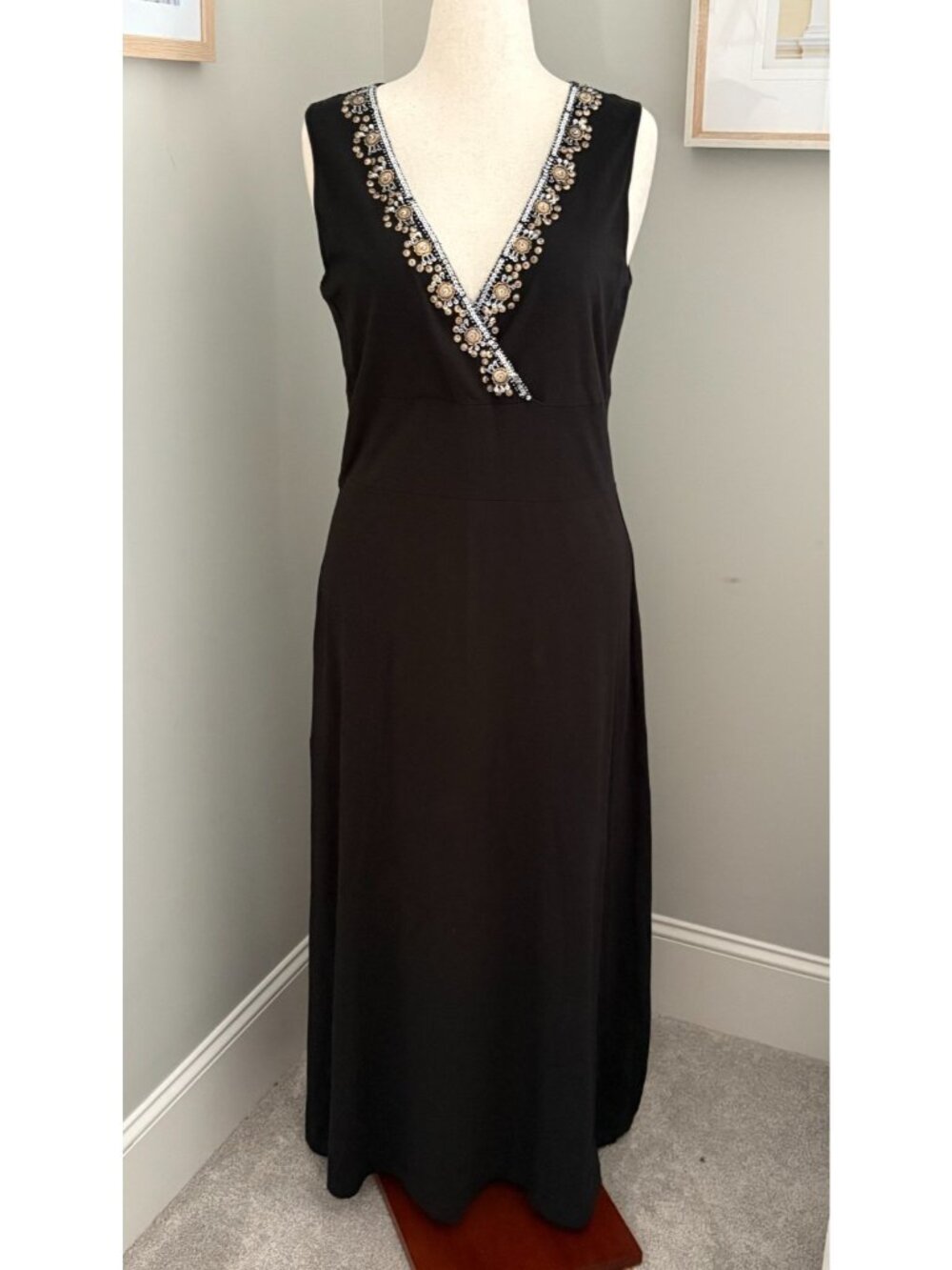 Spiegel Black Embellished Beaded Maxi Dress L Sleeveless Stretch Y2K Evening